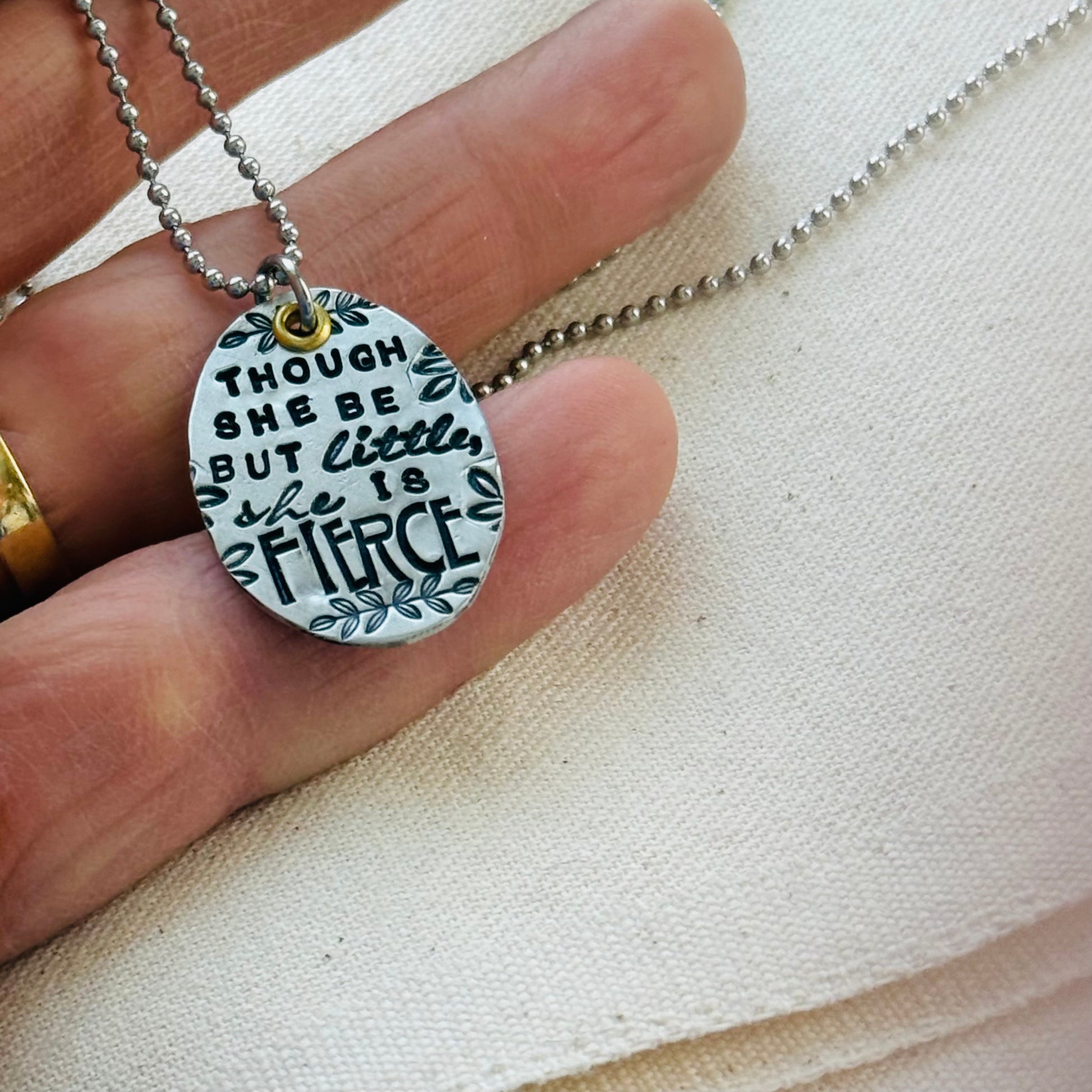 Though she be but little, She is Fierce Necklace- Shakespeare quote jewelry -oval mixed metal pendant stamped in multiple fonts - drake designs jewelry