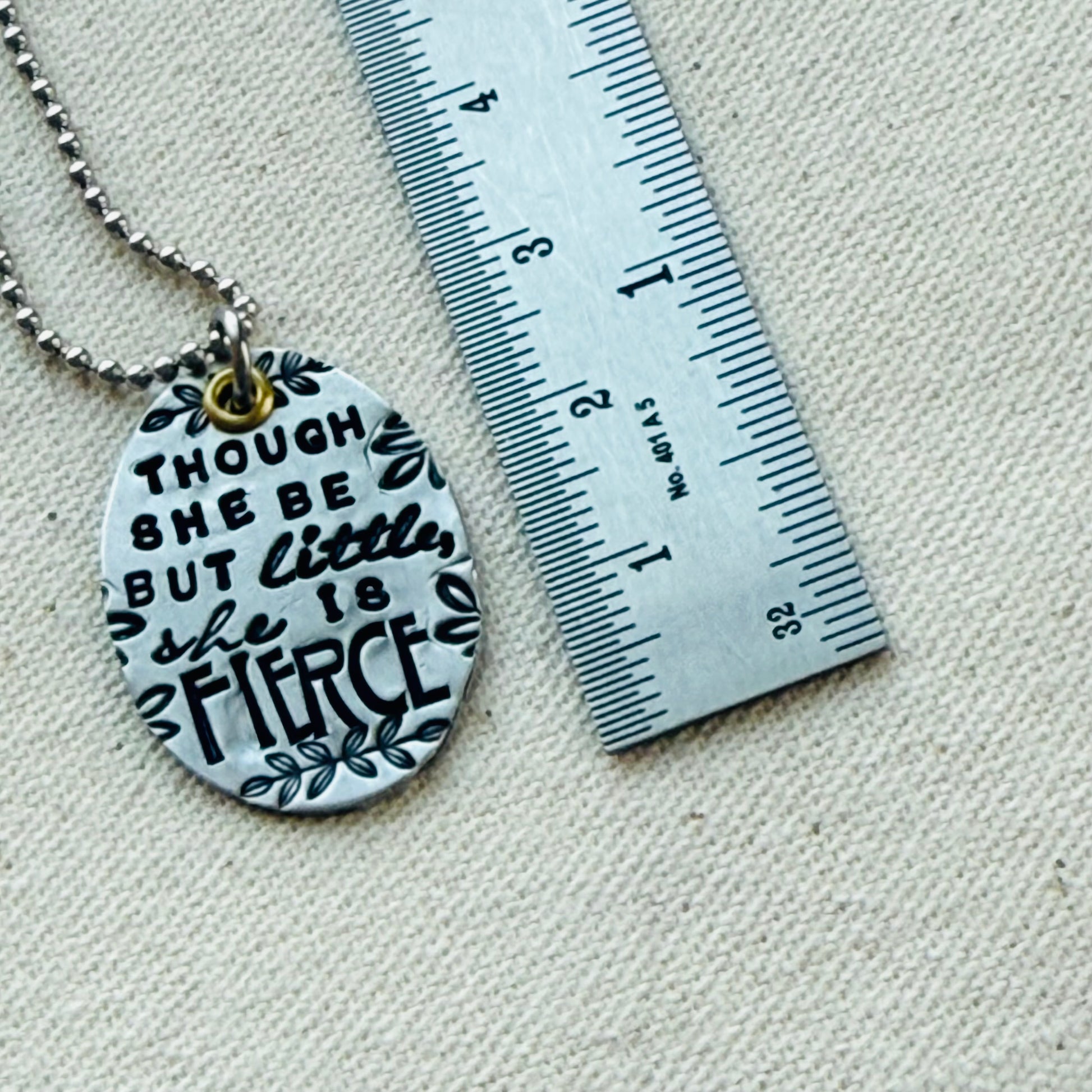 She is Fierce Necklace- Shakespeare quote jewelry -oval silver and gold pendant stamped in multiple fonts - drake designs jewelry