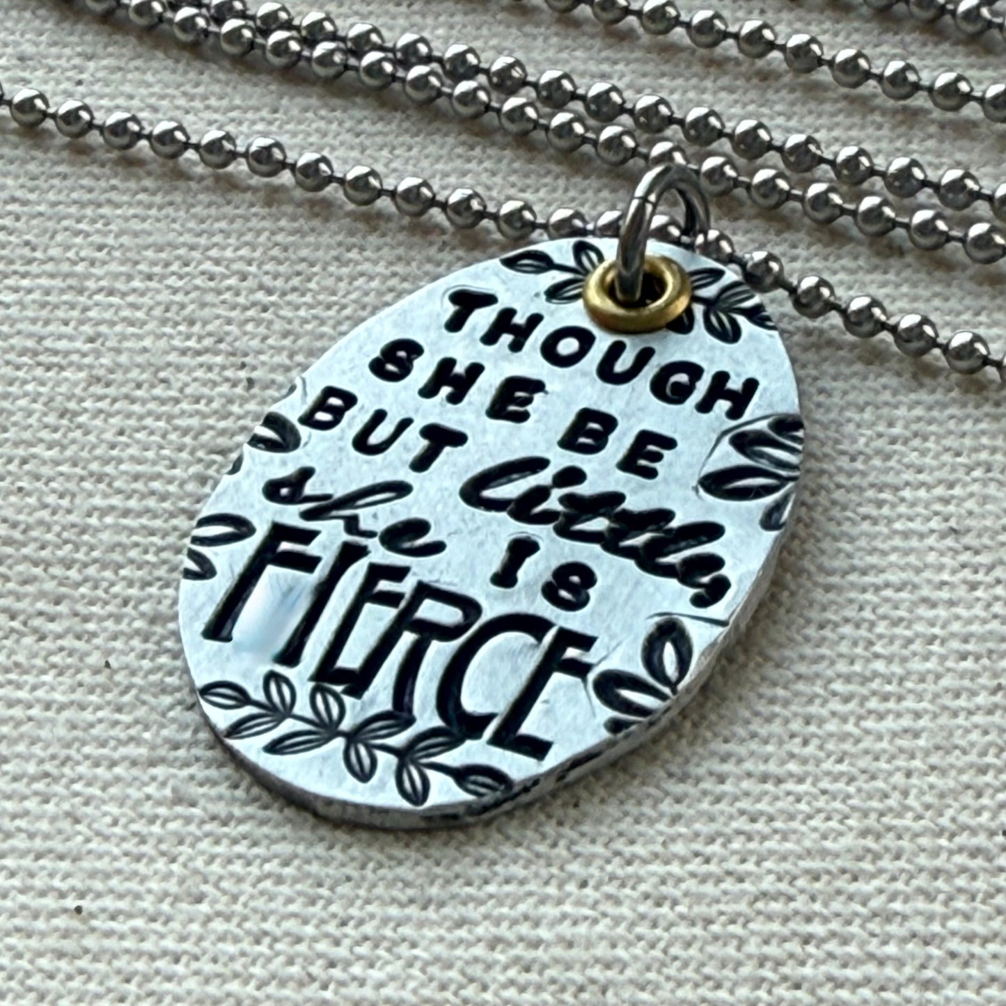 Though she be but little, She is Fierce Necklace- Shakespeare quote jewelry silver and gold oval pendant stamped in multiple fonts - drake designs jewelry