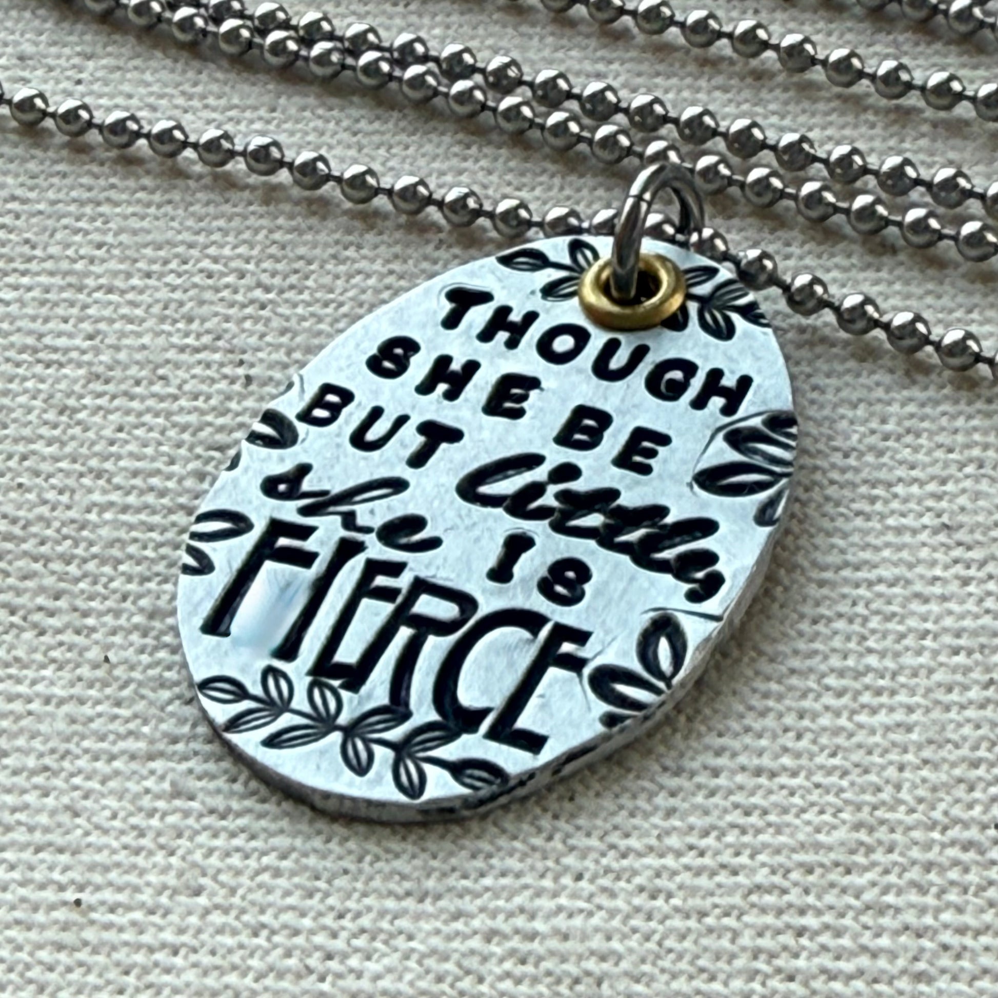 Though she be but little, She is Fierce Necklace- Shakespeare quote jewelry silver and gold oval pendant stamped in multiple fonts - drake designs jewelry
