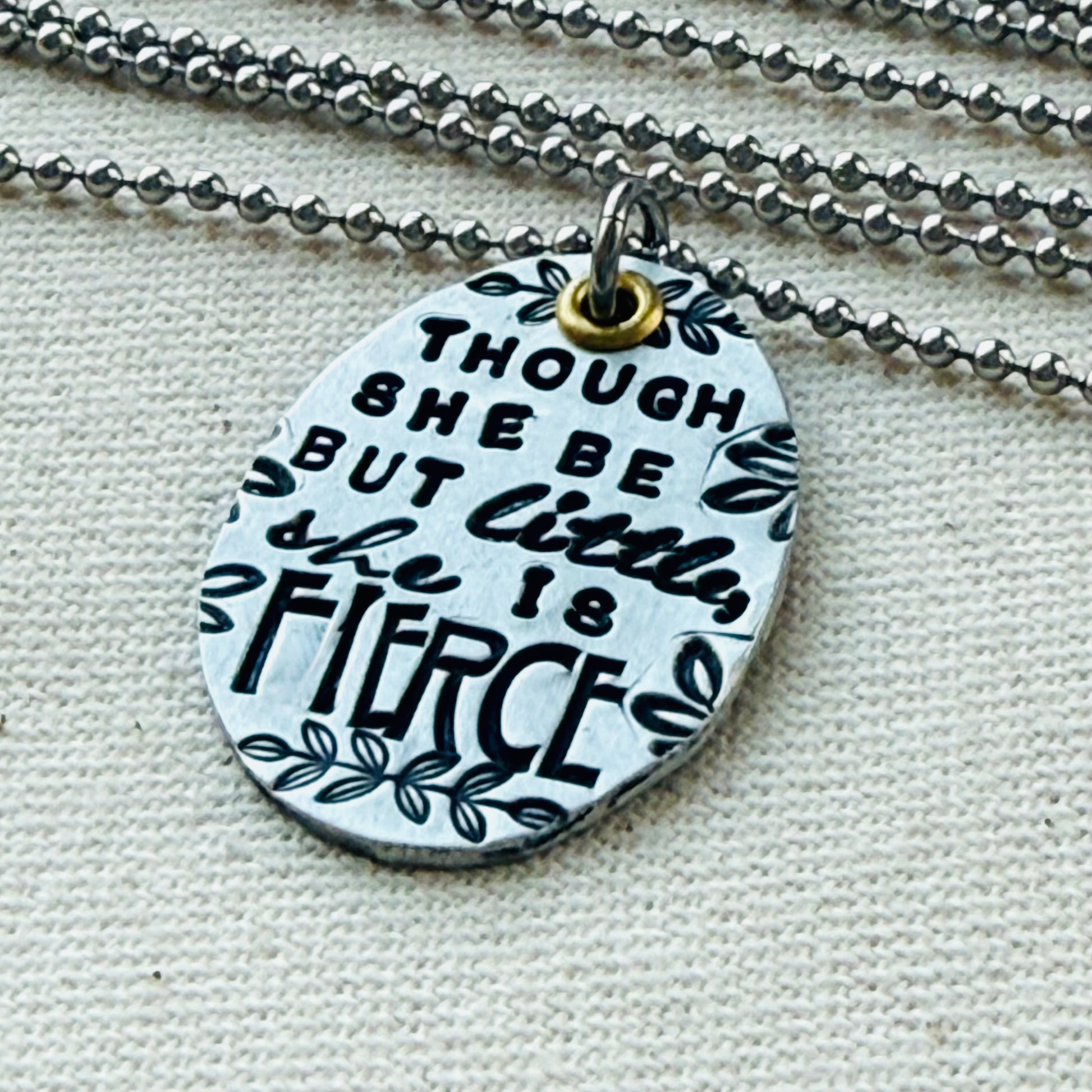 Though she be but little, She is Fierce Necklace- Shakespeare quote jewelry -oval silver and gold pendant stamped in multiple fonts - drake designs jewelry