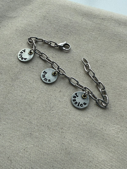 Mom Charm Bracelet with Kids Names - Silver and gold mixed metal charms hand stamped - drake designs jewelry