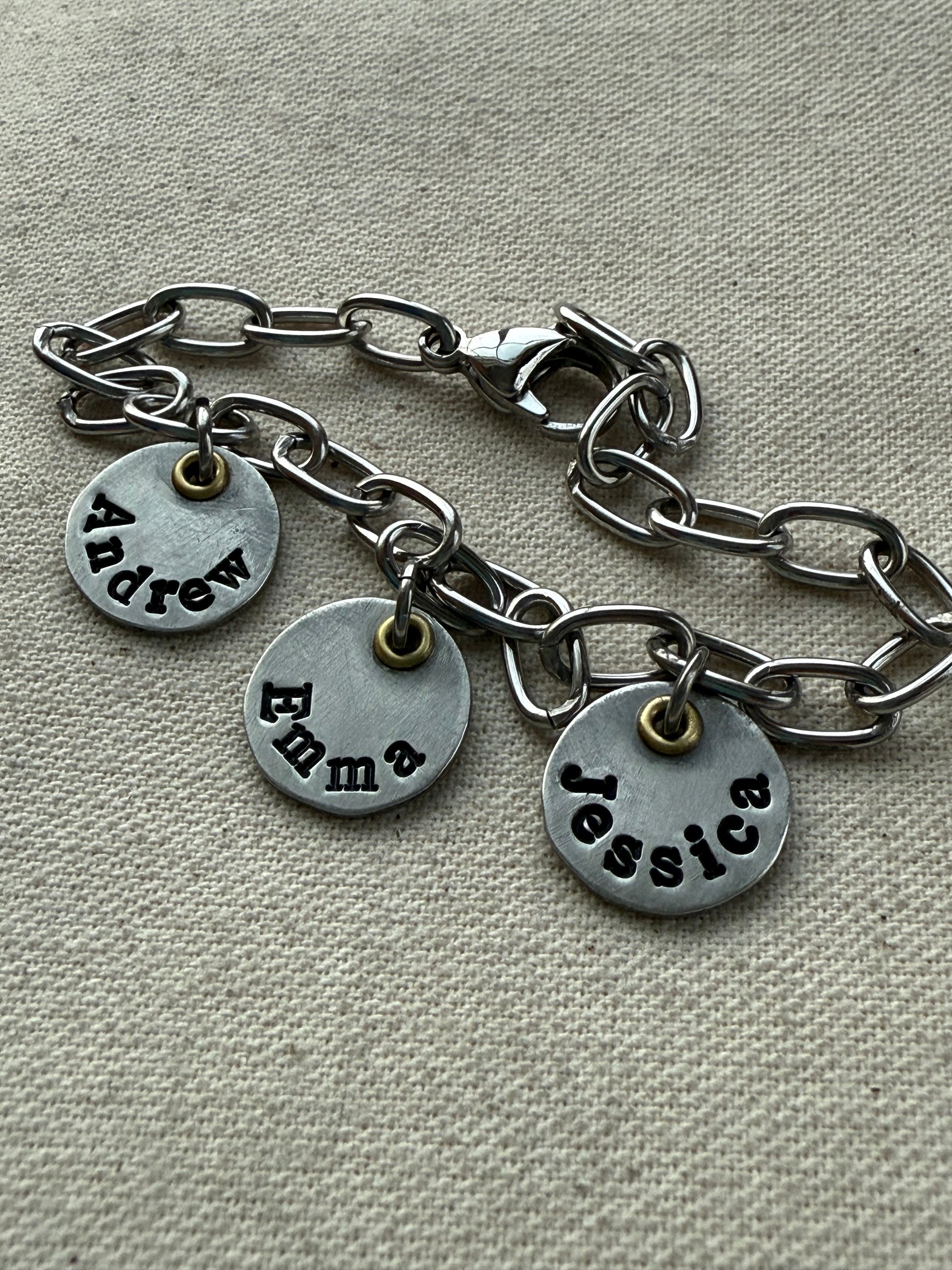 Mom Charm Bracelet with Kids Names - Silver and gold mixed metal charms hand stamped - drake designs jewelry