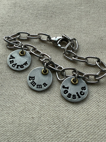 Mom Charm Bracelet with Kids Names - Silver and gold mixed metal charms hand stamped - drake designs jewelry