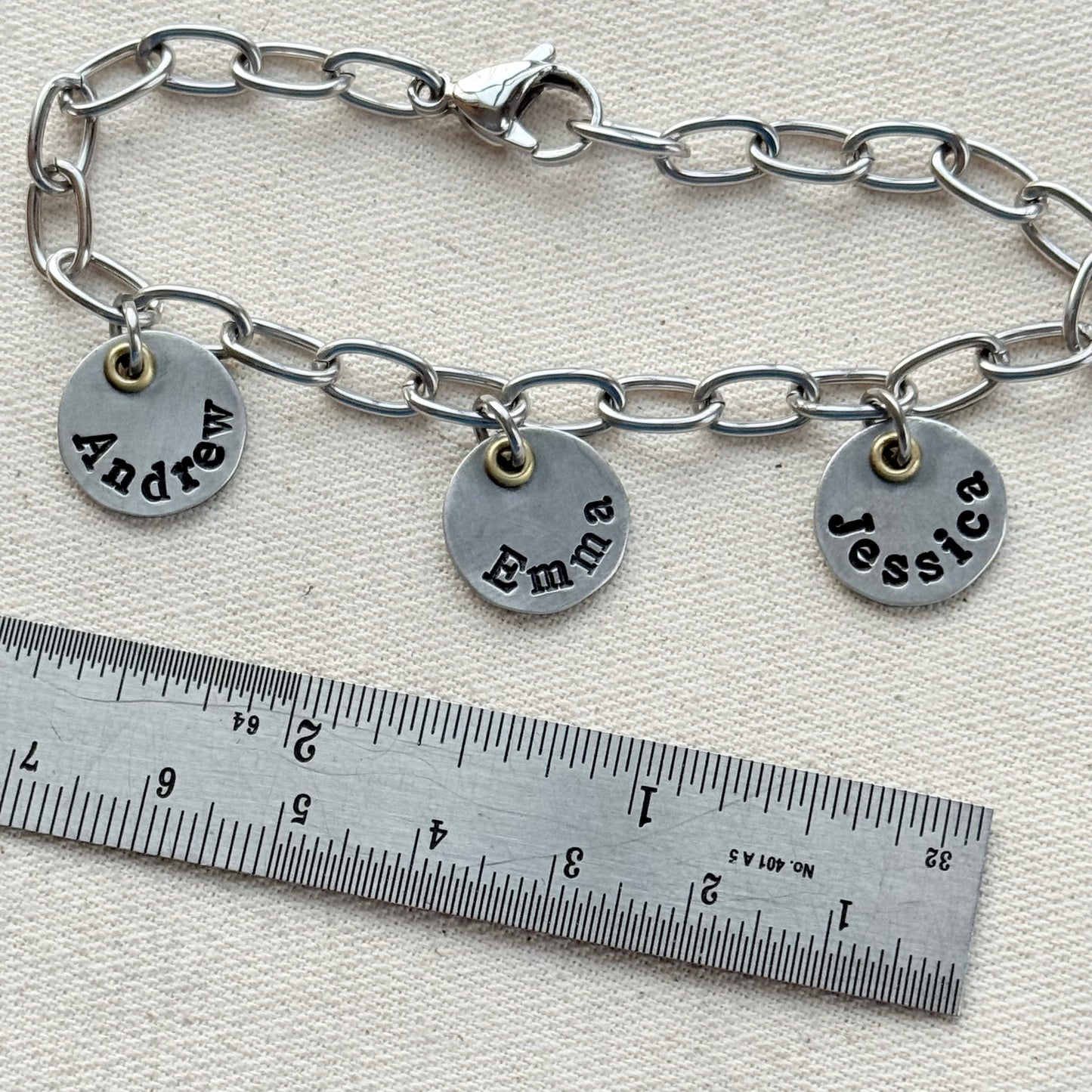 Mom Charm Bracelet with Kids Names - Silver and gold mixed metal charms hand stamped - drake designs jewelry