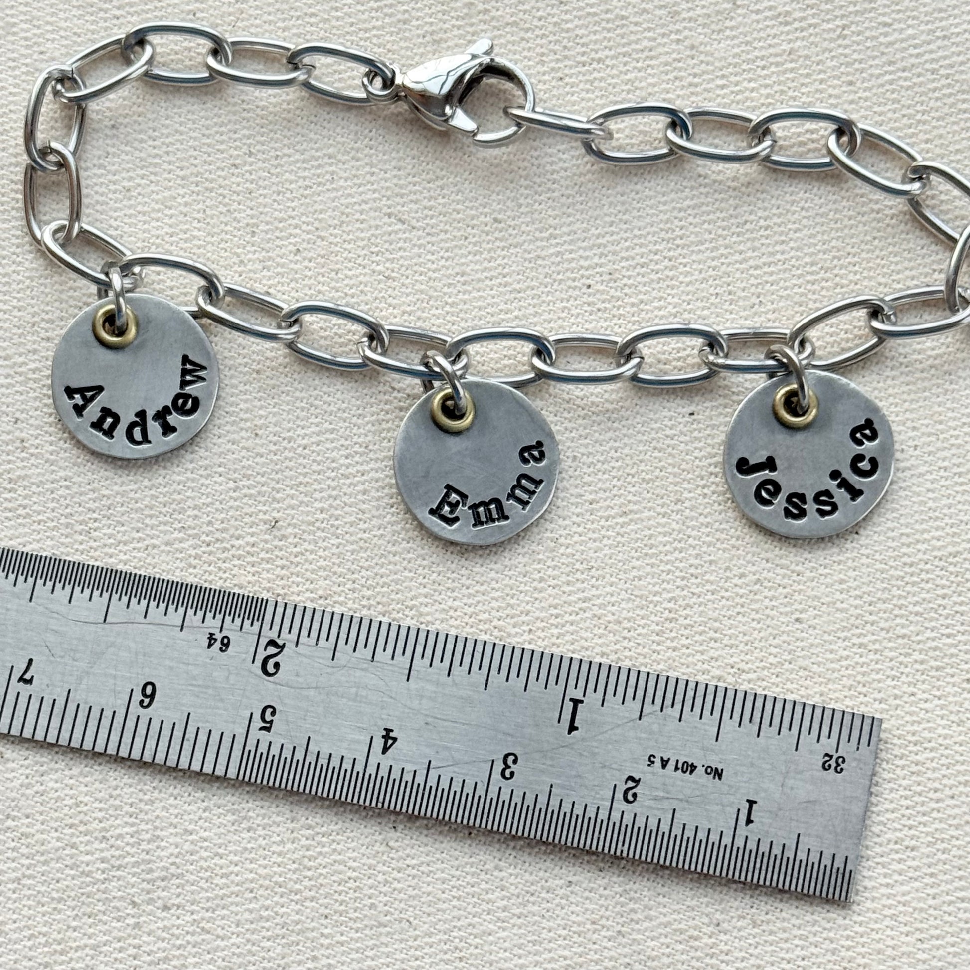 Mom Charm Bracelet with Kids Names - Silver and gold mixed metal charms hand stamped - drake designs jewelry