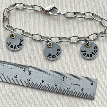 Mom Charm Bracelet with Kids Names - Silver and gold mixed metal charms hand stamped - drake designs jewelry