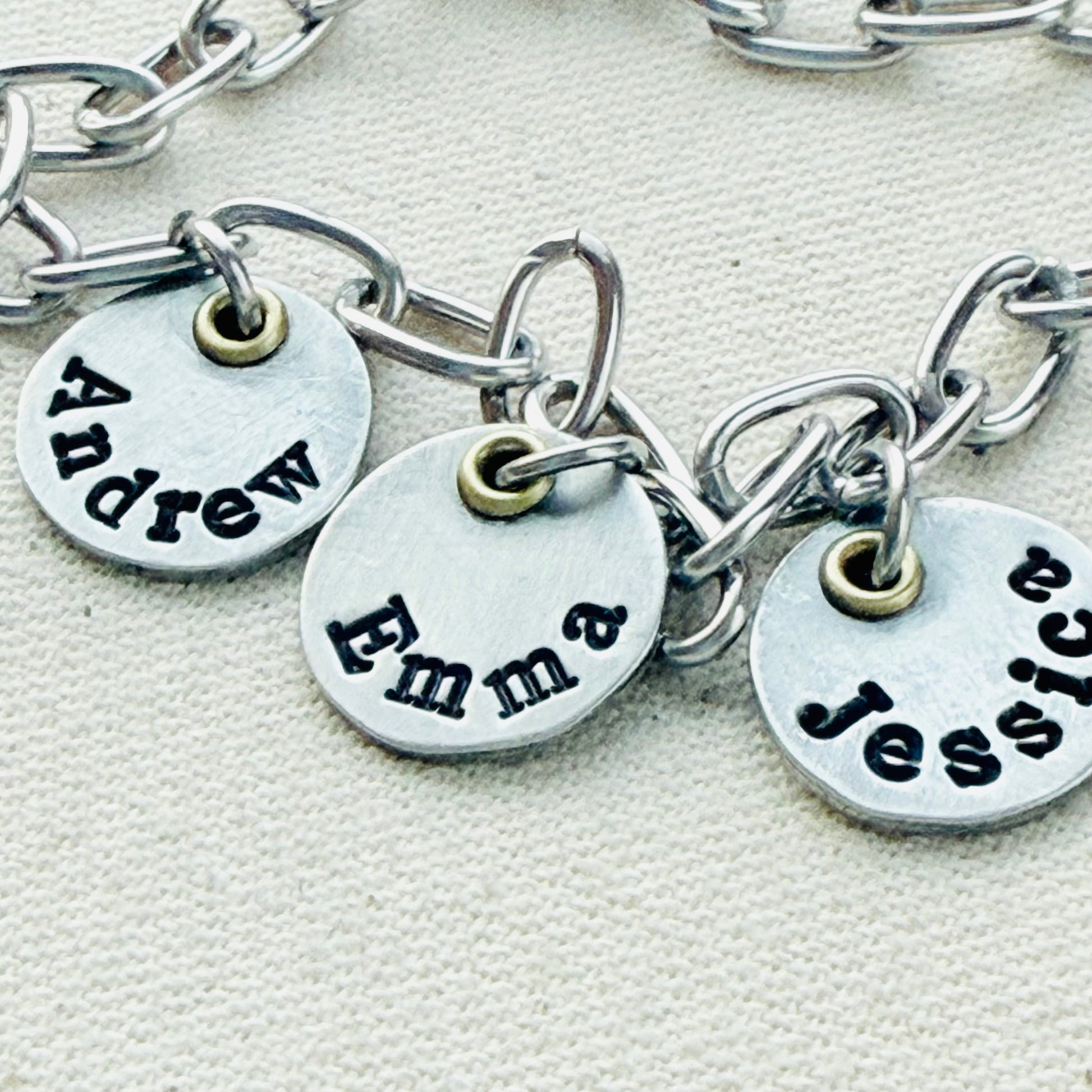 Mom Charm Bracelet with Kids Names - Silver and gold mixed metal charms hand stamped - drake designs jewelry