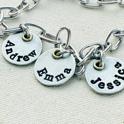 Mom Charm Bracelet with Kids Names - Silver and gold mixed metal charms hand stamped - drake designs jewelry