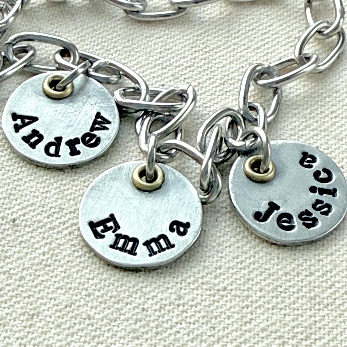 Mom Charm Bracelet with Kids Names - Silver and gold mixed metal charms hand stamped - drake designs jewelry