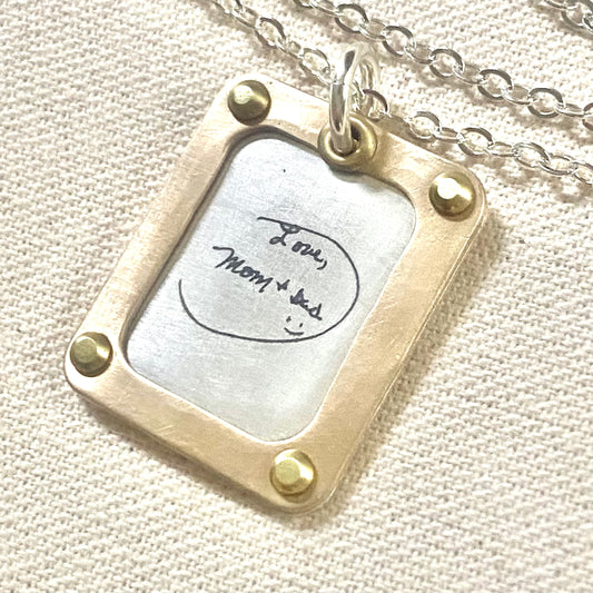 Actual Handwriting Sterling Silver Necklace with 14k Gold Fill raised Border Personalized with Loved Ones Handwriting on Custom Pendant - drake designs jewelry