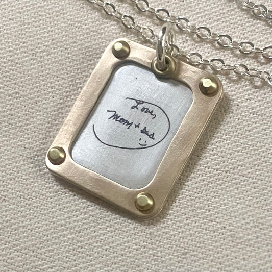 Actual Handwriting Sterling Silver Necklace with 14k Gold Fill raised Border Personalized with Loved Ones Handwriting on Custom Pendant - drake designs jewelry