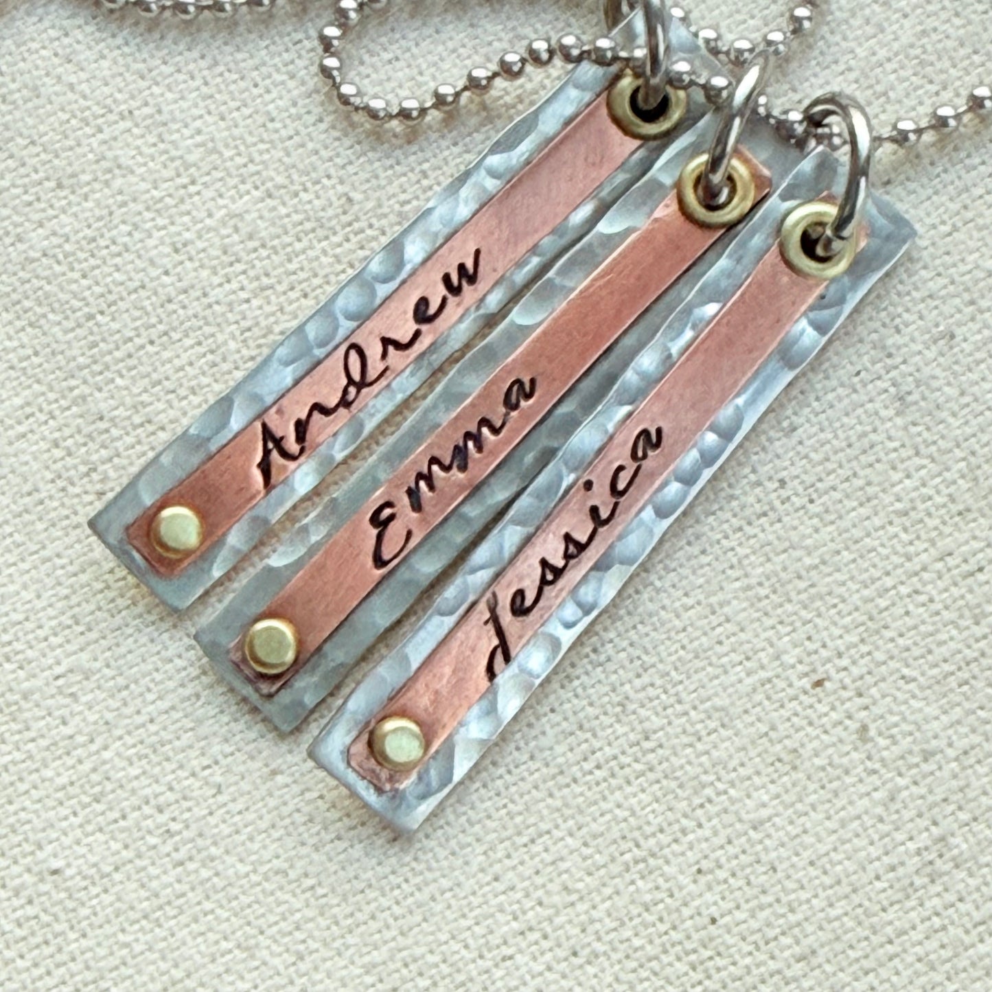 Hammered Mother's Bar Necklace with Kids Names - Layered bars hand stamped