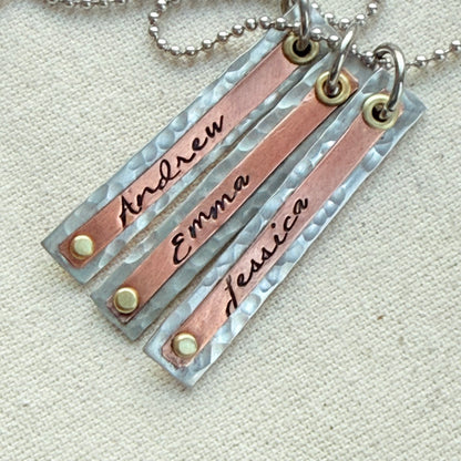 Hammered Mother's Bar Necklace with Kids Names - Layered bars hand stamped