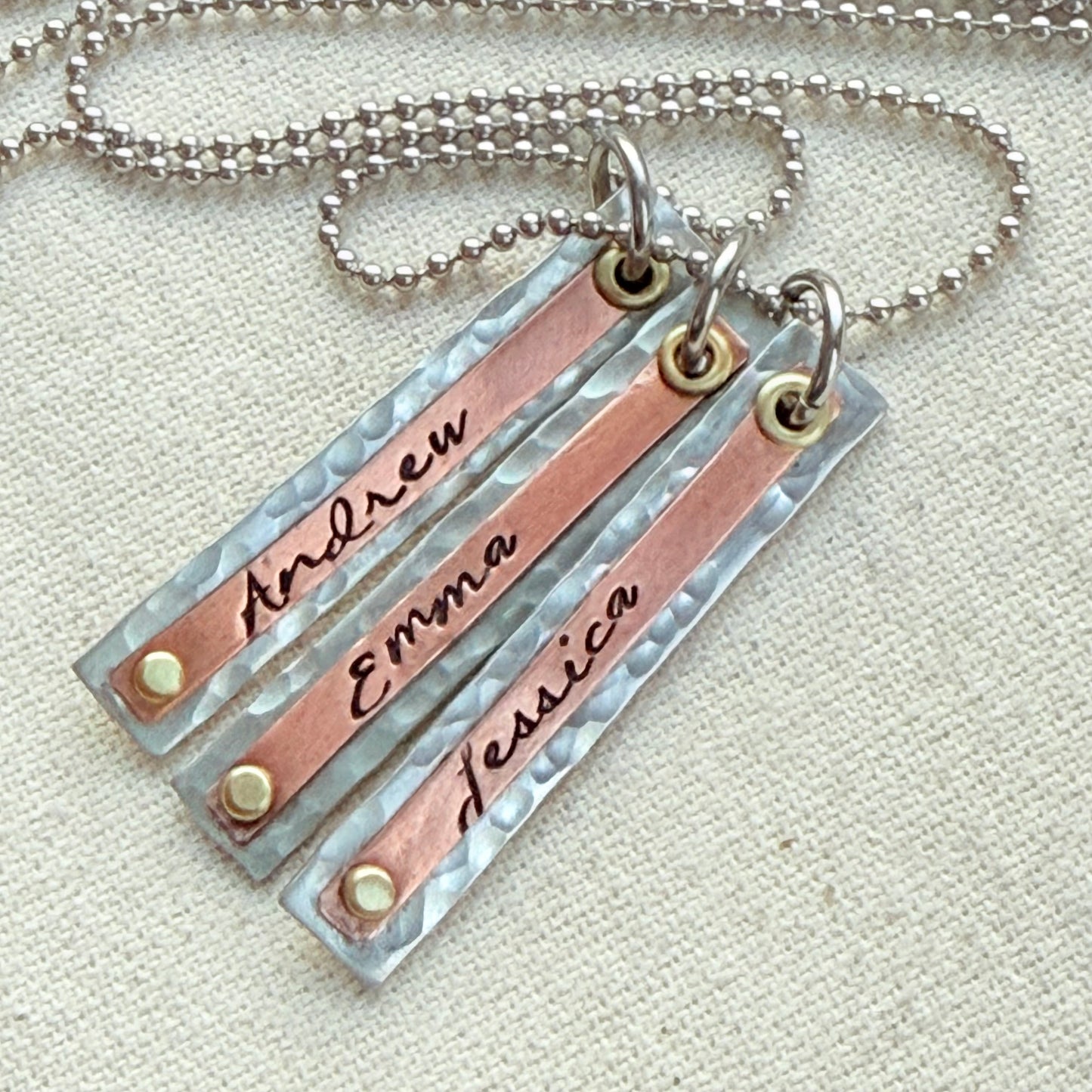 Hammered Mother's Bar Necklace with Kids Names - Layered bars hand stamped