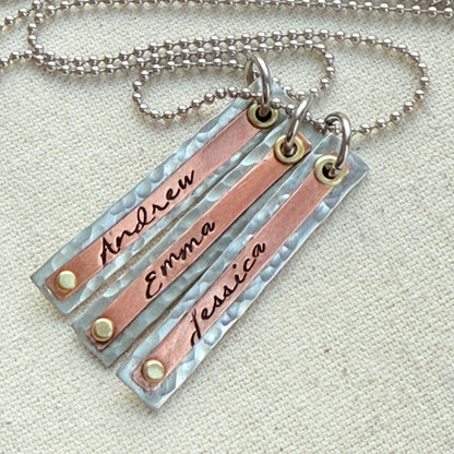 Hammered Mother's Bar Necklace with Kids Names - Layered bars hand stamped
