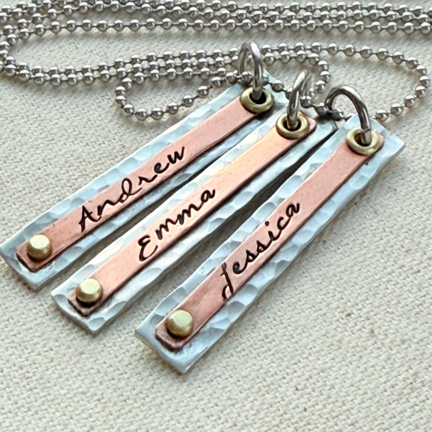 Hammered Mother's Bar Necklace with Kids Names - Layered bars hand stamped
