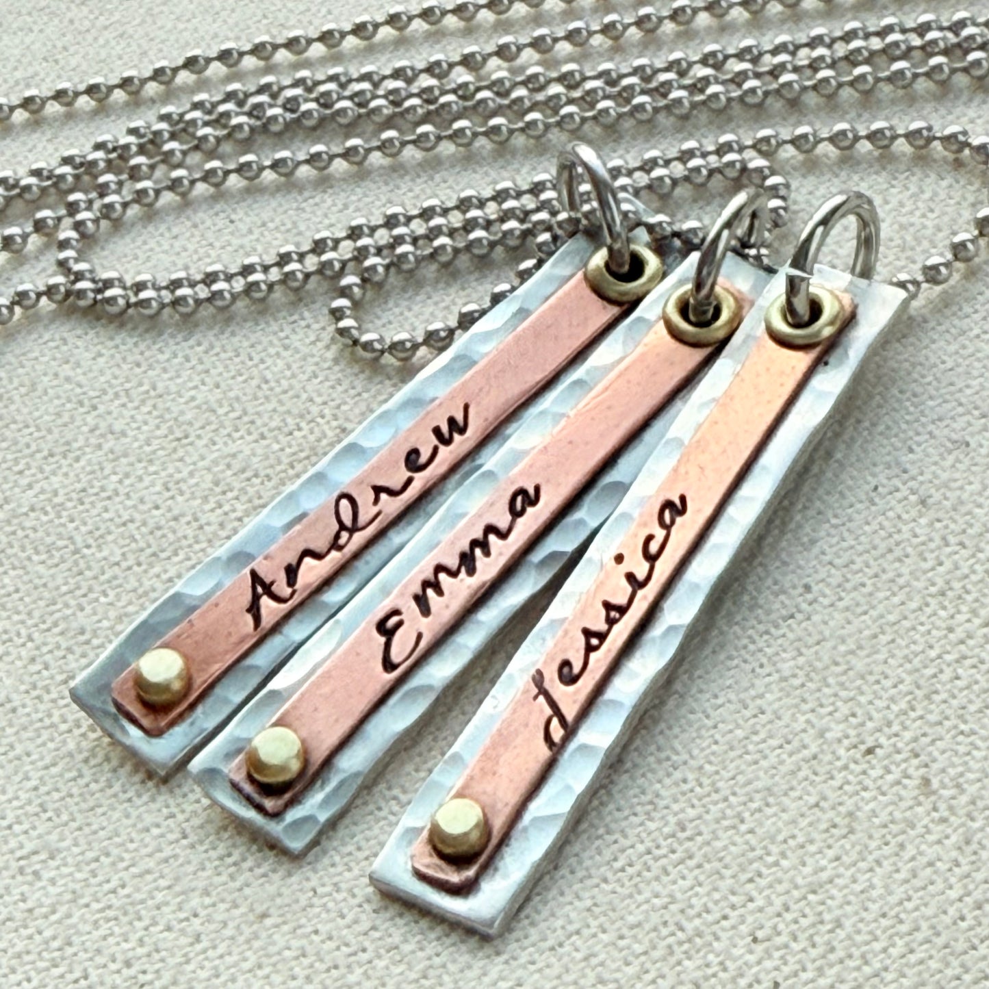 Hammered Mother's Bar Necklace with Kids Names - Layered bars hand stamped