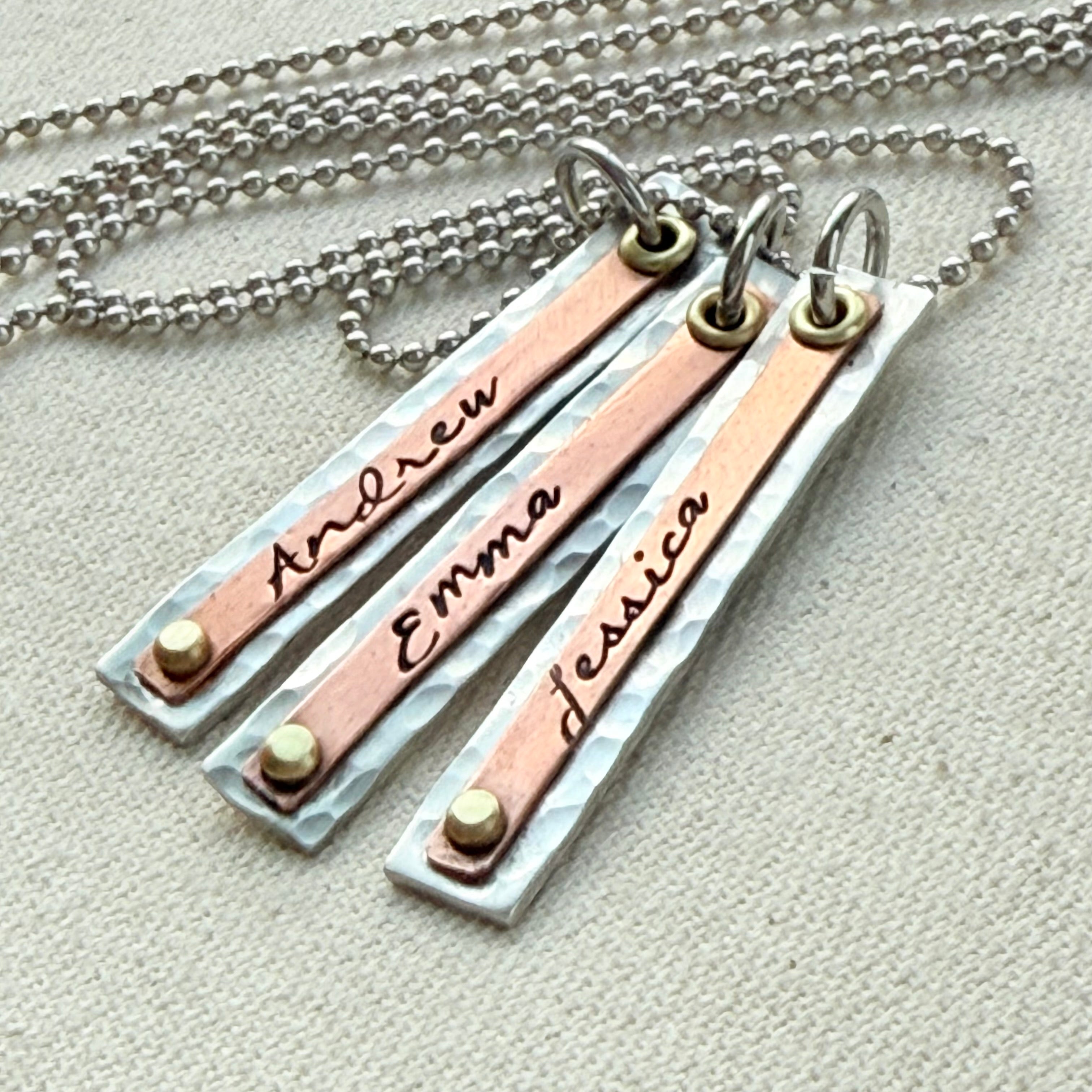 Personalized hammered name bar necklace for mom with kids names hand stamped and riveted - layered silver, copper and gold hand stamped charms - drake designs jewelry