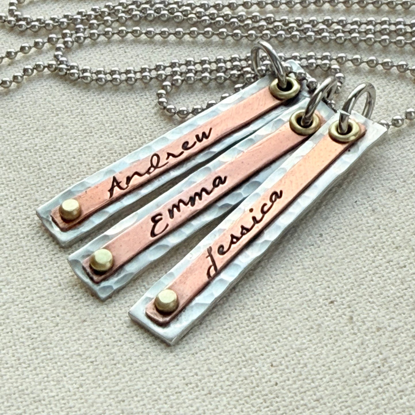 Hammered Mother's Bar Necklace with Kids Names - Layered bars hand stamped