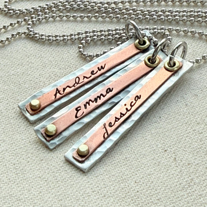 Hammered Mother's Bar Necklace with Kids Names - Layered bars hand stamped