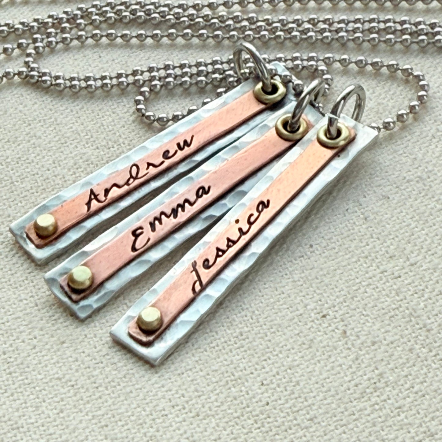 Hammered Mother's Bar Necklace with Kids Names - Layered bars hand stamped