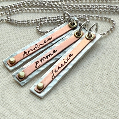 Hammered Mother's Bar Necklace with Kids Names - Layered bars hand stamped