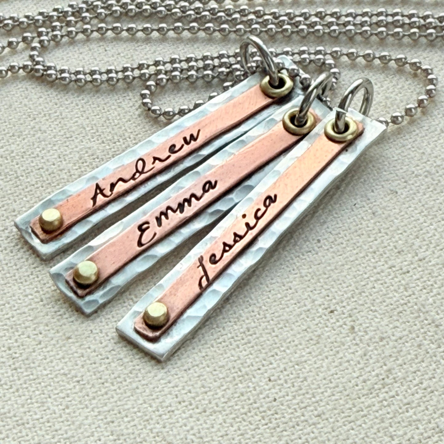 Hammered Mother's Bar Necklace with Kids Names - Layered bars hand stamped