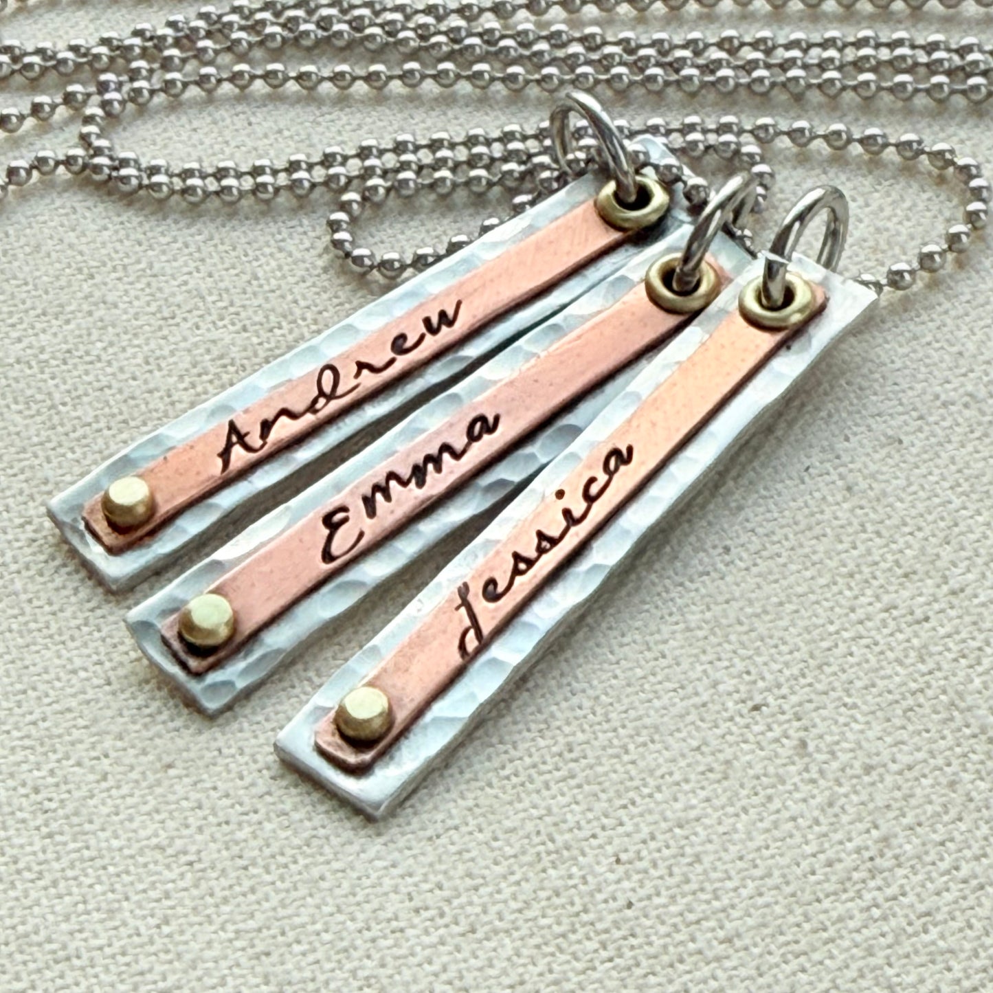 Hammered Mother's Bar Necklace with Kids Names - Layered bars hand stamped