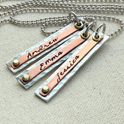 Hammered Mother's Bar Necklace with Kids Names - Layered bars hand stamped