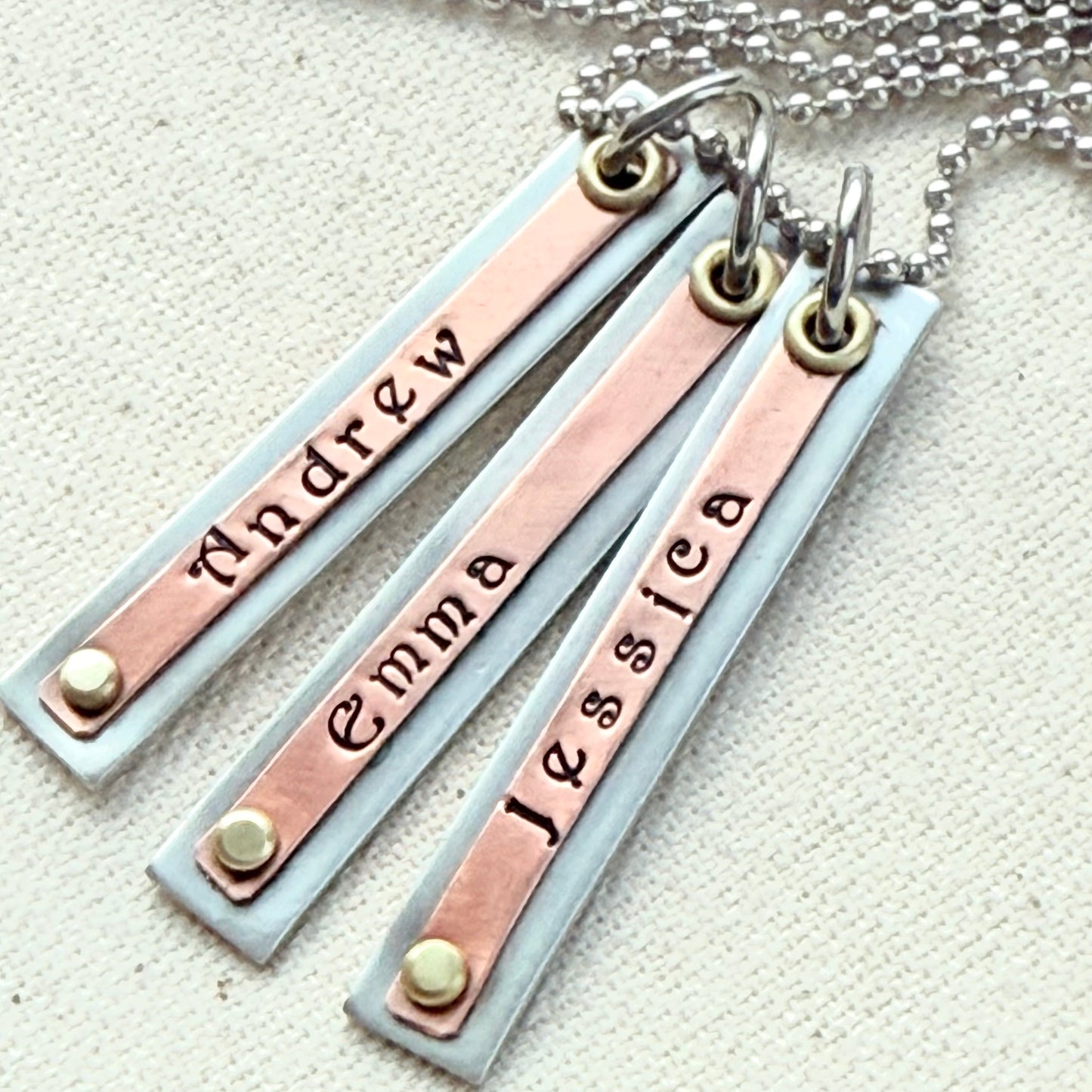 Personalized Mother's Bar Necklace with Kids Names | Hand-Riveted Mixed Metal Charm Pendant in Silver, Copper & Brass