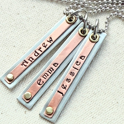 Personalized Mother's Bar Necklace with Kids Names | Hand-Riveted Mixed Metal Charm Pendant in Silver, Copper & Brass