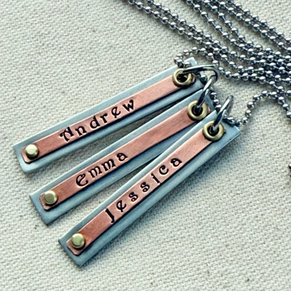 Layered name bar necklace for mom - silver copper and gold riveted - kids names are hand stamped in a storybook font - drake designs jewelry