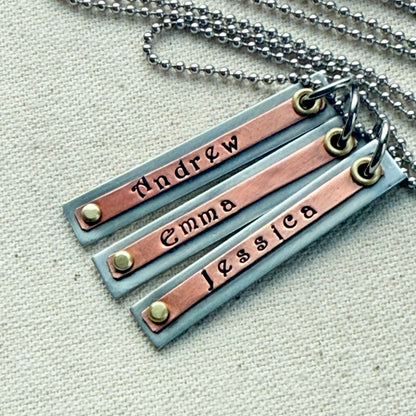 Layered name bar necklace for mom - silver copper and gold riveted - kids names are hand stamped in a storybook font - drake designs jewelry
