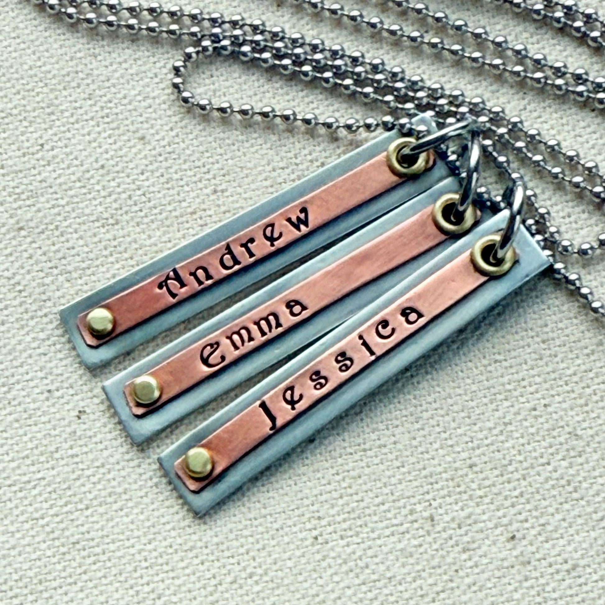 Layered name bar necklace for mom - silver copper and gold riveted - kids names are hand stamped in a storybook font - drake designs jewelry