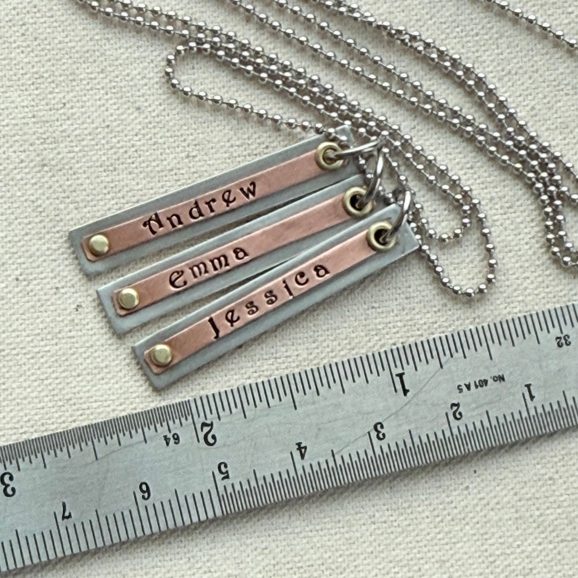 Layered name bar necklace for mom - silver copper and gold riveted - kids names are hand stamped in a storybook font - drake designs jewelry