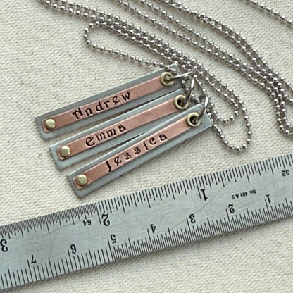 Layered name bar necklace for mom - silver copper and gold riveted - kids names are hand stamped in a storybook font - drake designs jewelry