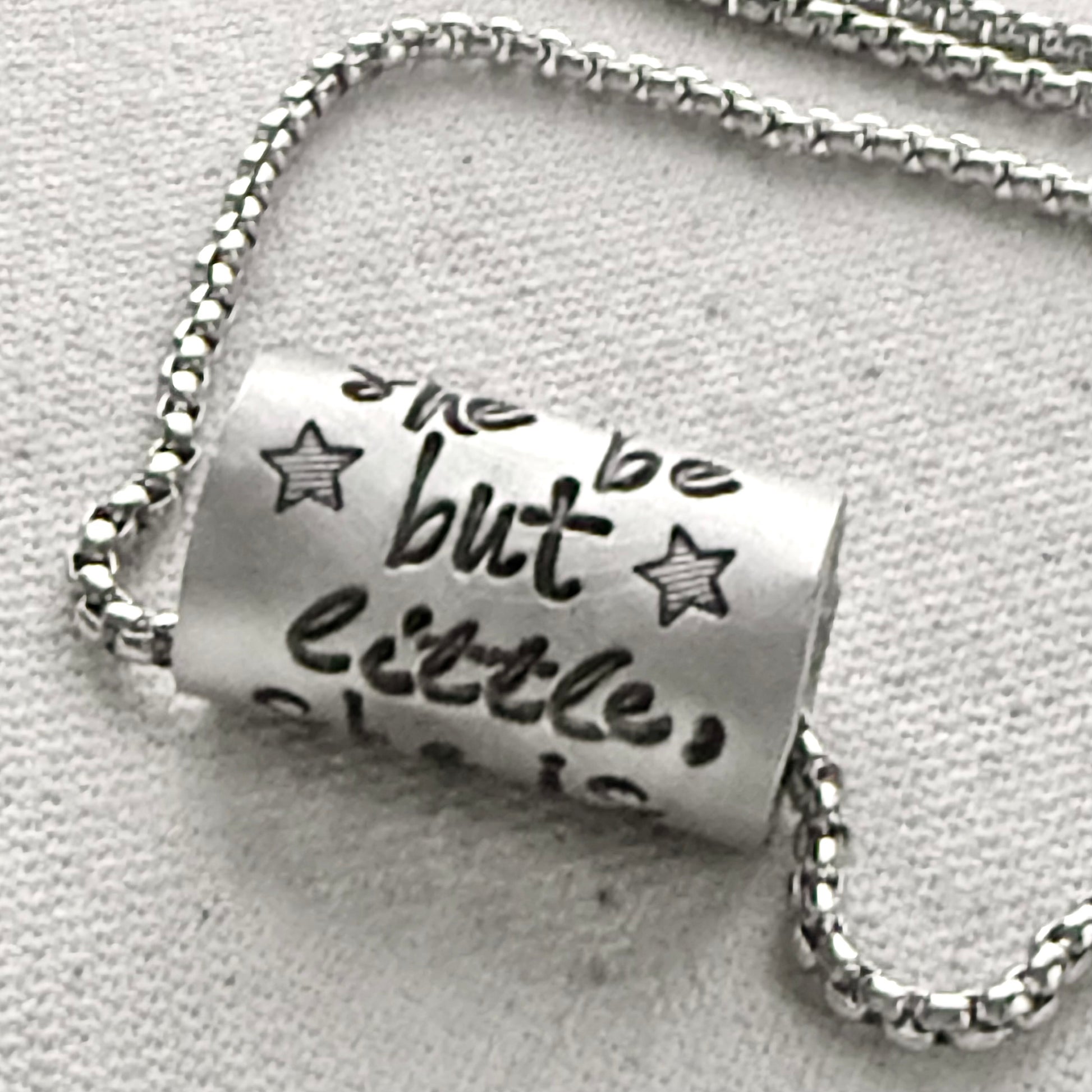 Though she be but little, she is fierce necklace.  Shakespeare quote jewelry  riveted and hand stamped - drake designs jewelry