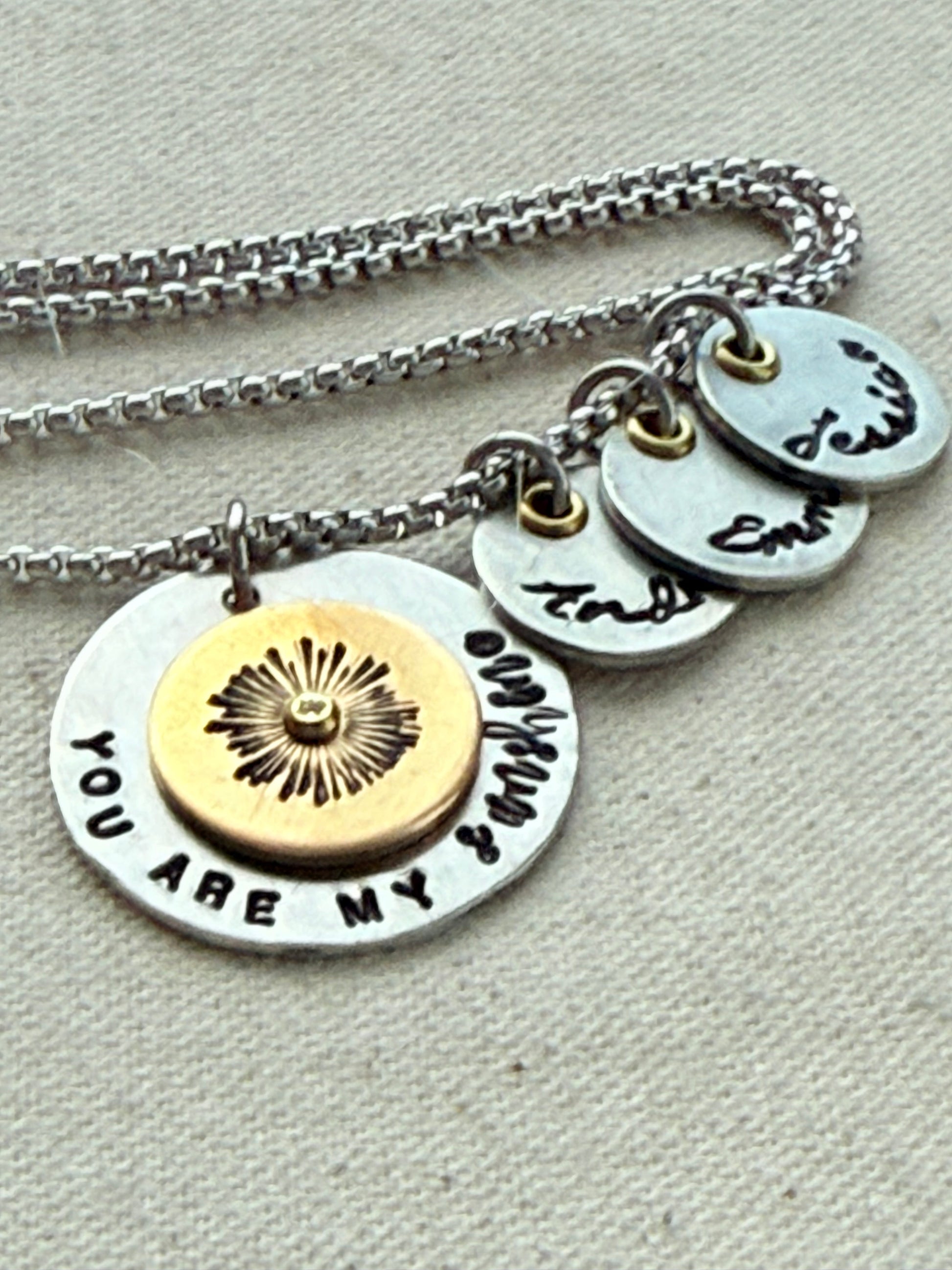 Silver and Gold Sun - You are my Sunshine Mom Necklace with Kids name charms - personalized name charms hand riveted and stamped - Drake designs jewelry