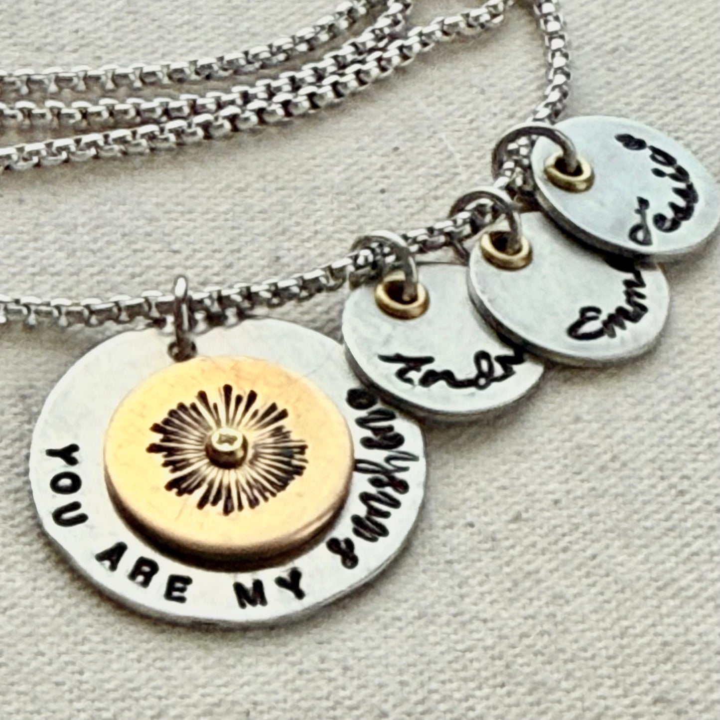 You are my Sunshine Mom Necklace with Kids name charms - silver and gold charms hand riveted and stamped - Drake designs jewelry