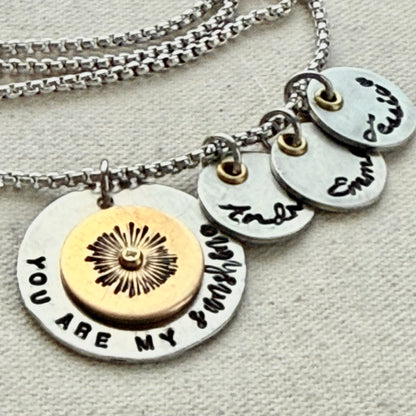 You are my Sunshine Mom Necklace with Kids name charms - silver and gold charms hand riveted and stamped - Drake designs jewelry