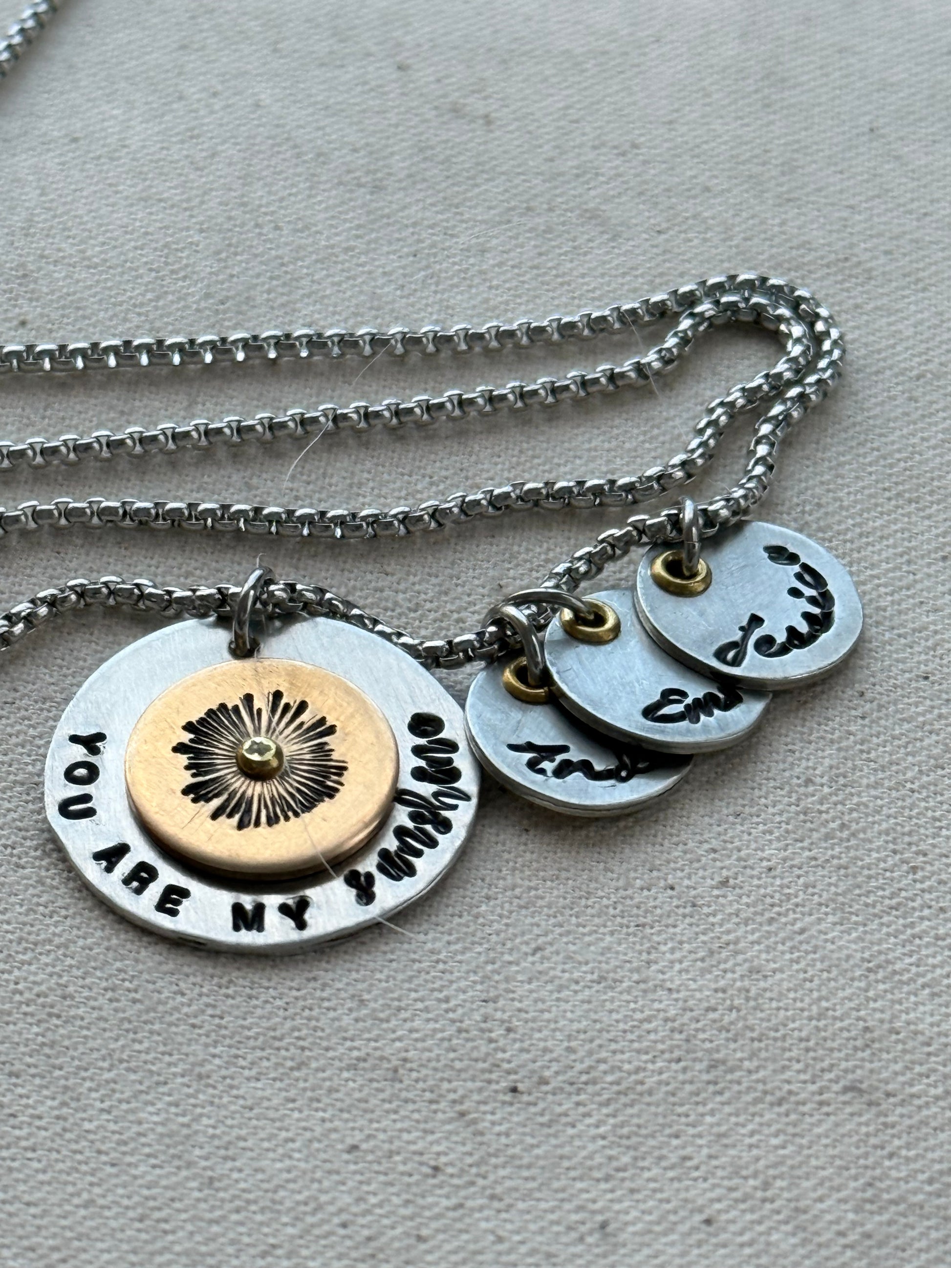 You are my Sunshine Mom Necklace with Kids name charms - silver and gold charms hand riveted and stamped - Drake designs jewelry