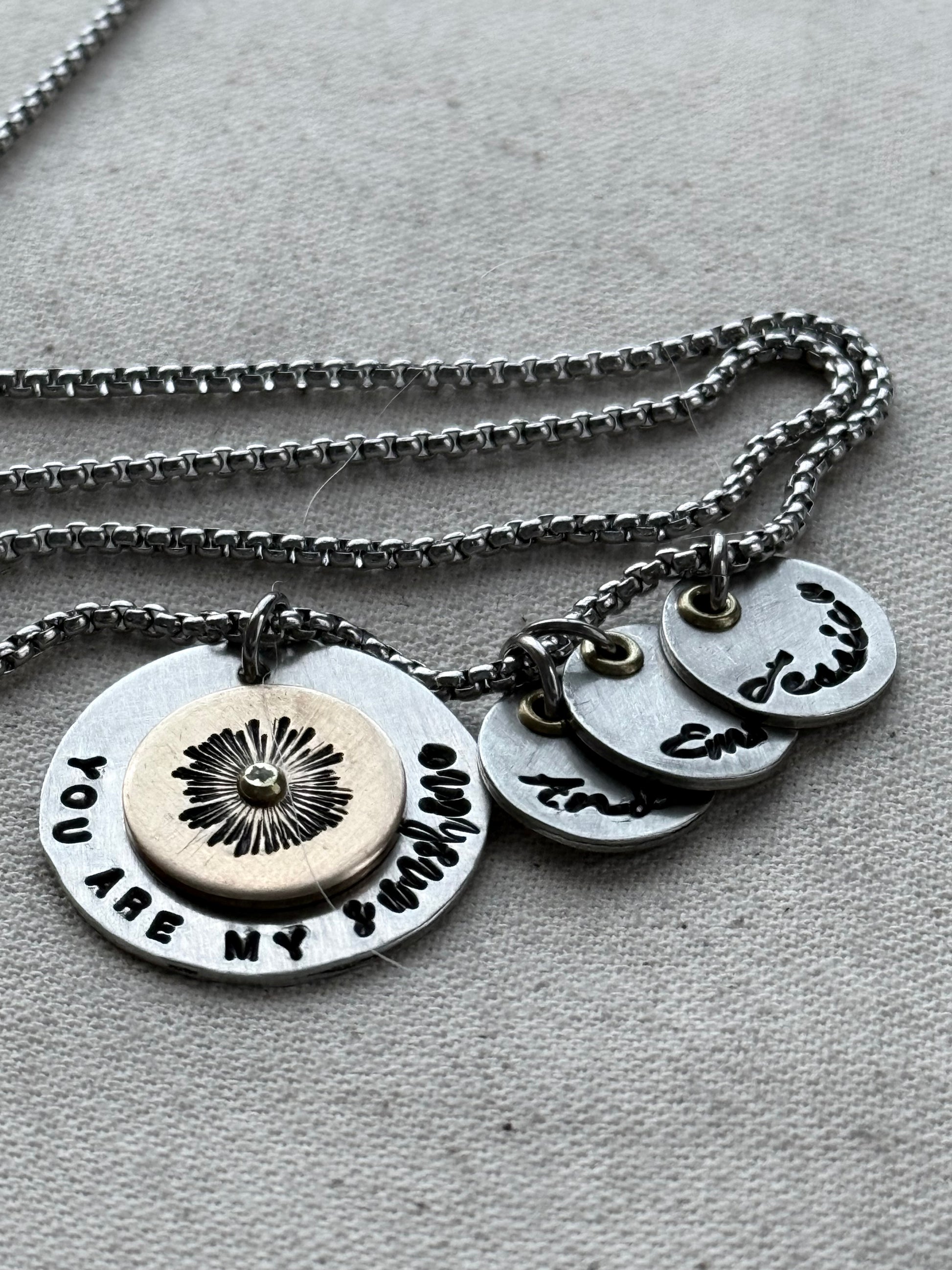 You are my Sunshine Mom Necklace with Kids name charms - silver and gold charms hand riveted and stamped - Drake designs jewelry