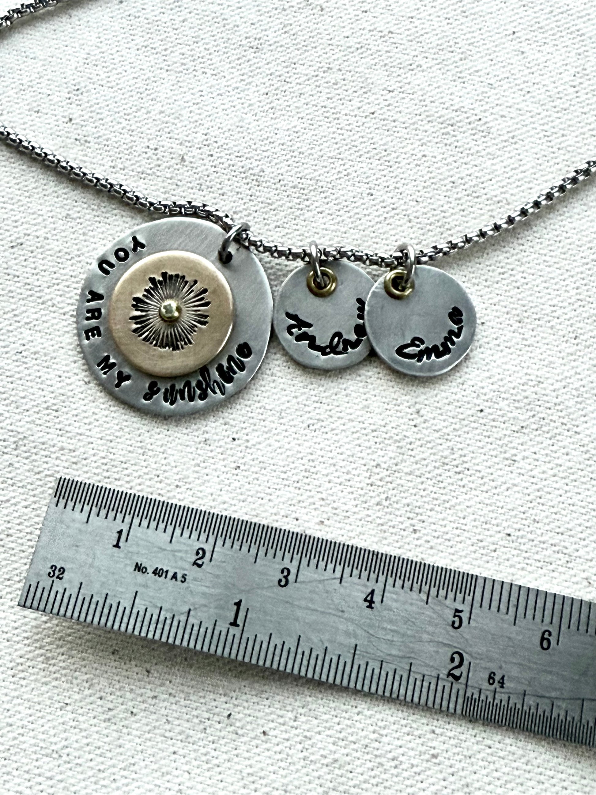 You are my Sunshine Mom Necklace with Kids name charms - silver and gold charms hand riveted and stamped - Drake designs jewelry 