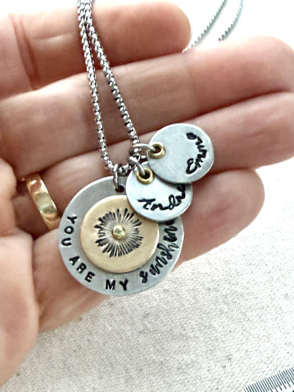 You are my Sunshine Mom Necklace with Kids name charms - silver and gold charms hand riveted and stamped - Drake designs jewelry