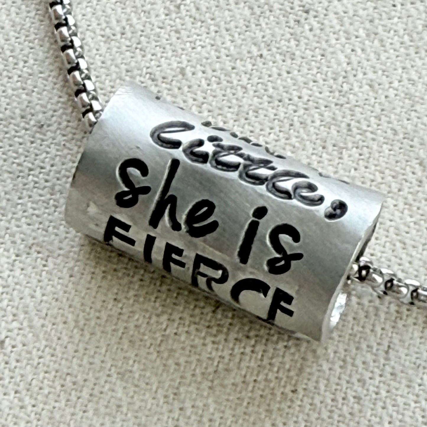 she is fierce necklace.  Shakespeare quote jewelry  riveted and hand stamped - drake designs jewelry