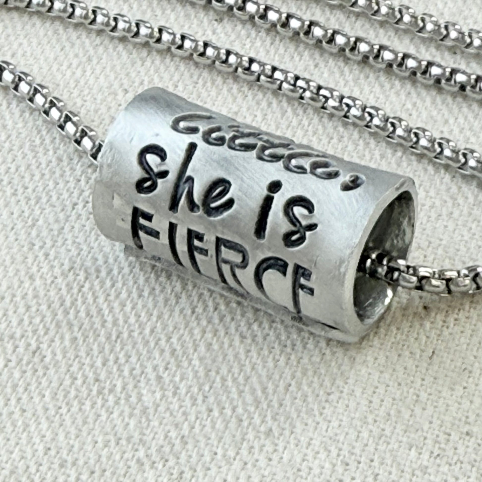 she is fierce necklace.  Shakespeare quote jewelry  riveted and hand stamped - drake designs jewelry