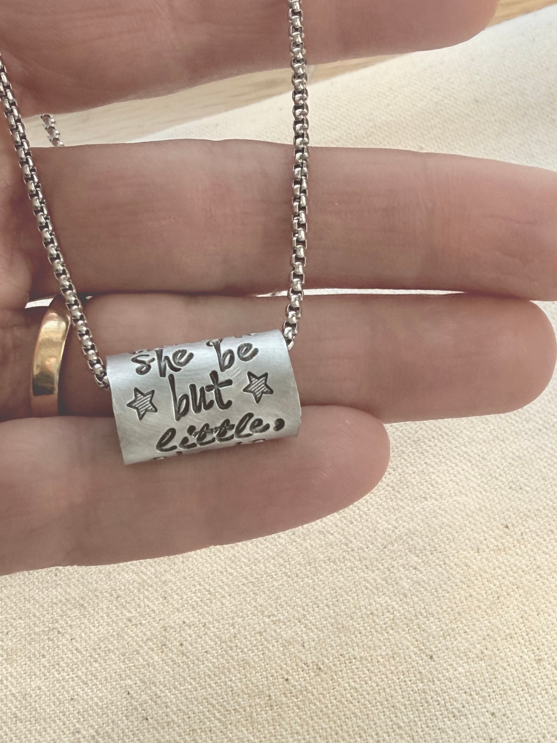 Though she be but little, she is fierce necklace.  Shakespeare quote jewelry a midsummer night’s dream - riveted and hand stamped - drake designs jewelry