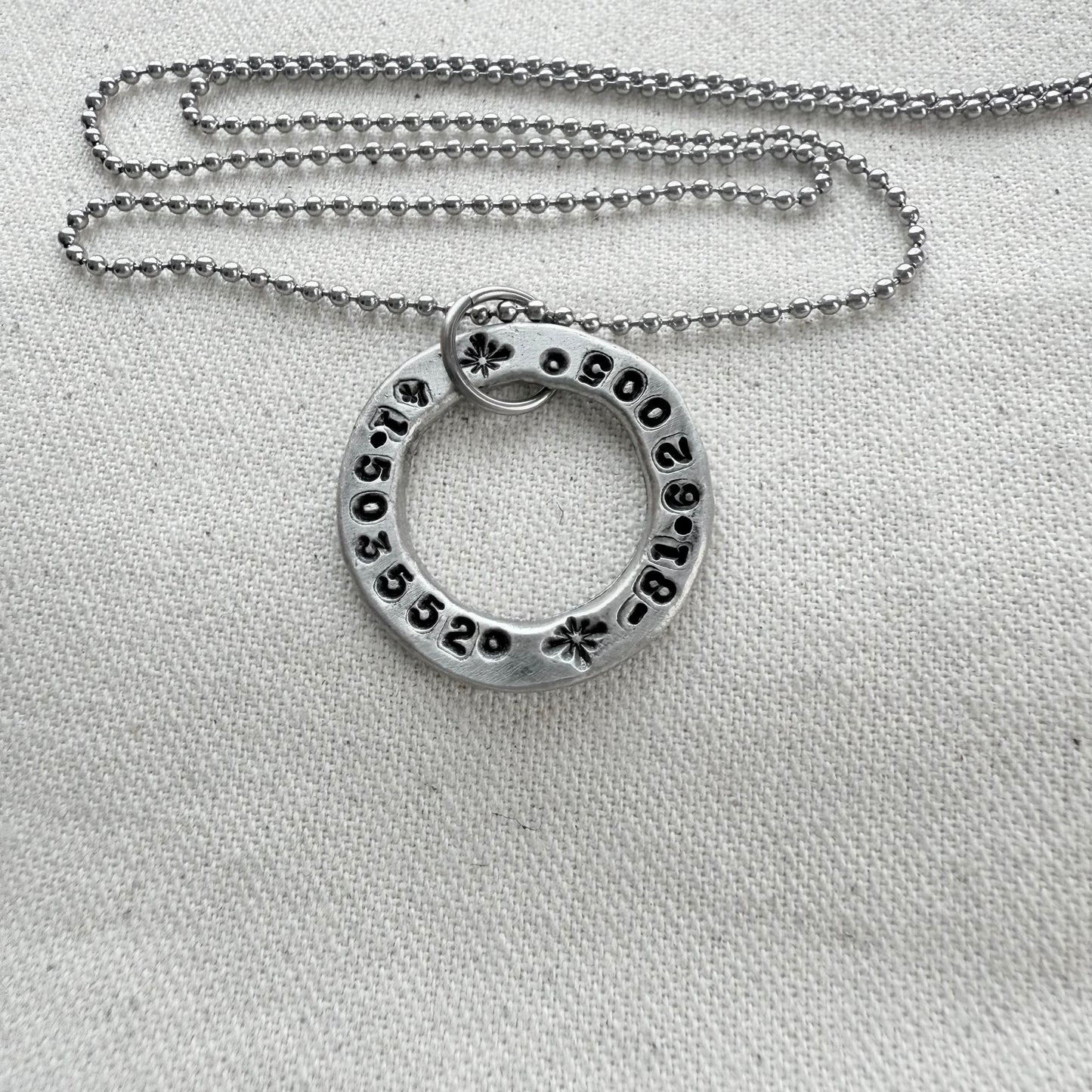 Organically shaped thick open circle pendant with custom coordinates hand stamped - personalized latitude and longitude necklace - drake designs jewelry