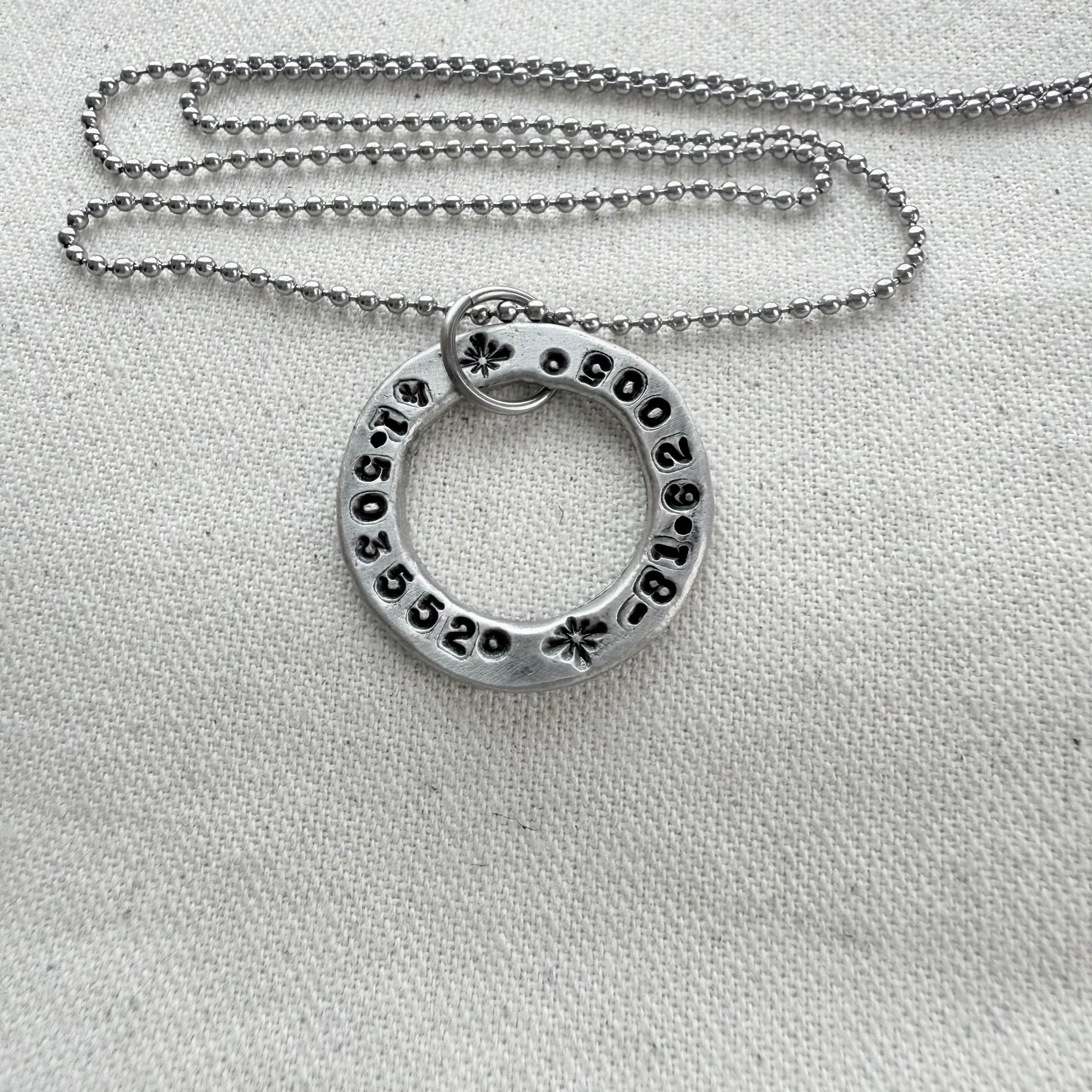 Organically shaped thick open circle pendant with custom coordinates hand stamped - personalized latitude and longitude necklace - drake designs jewelry